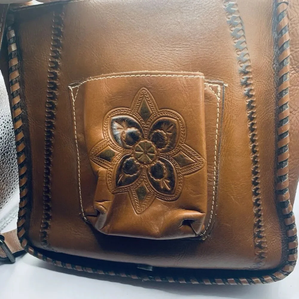 PATRICIA NASH HAND TOOLED SATCHEL CROSS BODY BAG PURSE Brown Leather